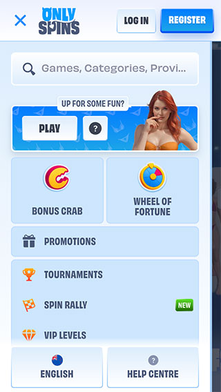 Onlyspins Casino Mobile Menu