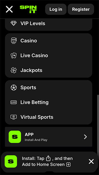 Spinit Casino Menu Mobile