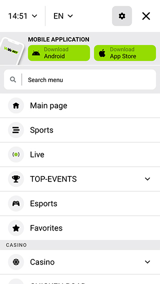 Winwin Bet Casino Mobile Menu