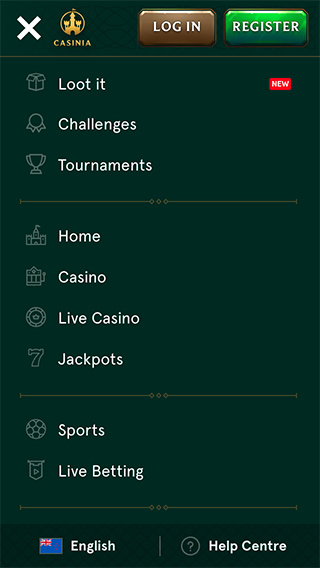 Casinia Casino Mobile Menu